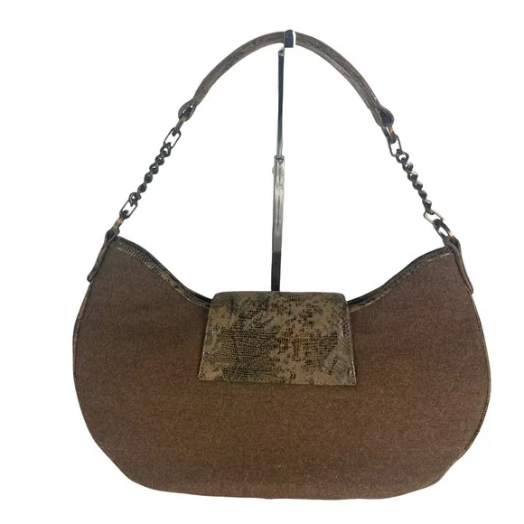 Worth Patent Leather Snakeskin Print Foldover Button Top Handle Fabric Wool Bag - Picture 7 of 12